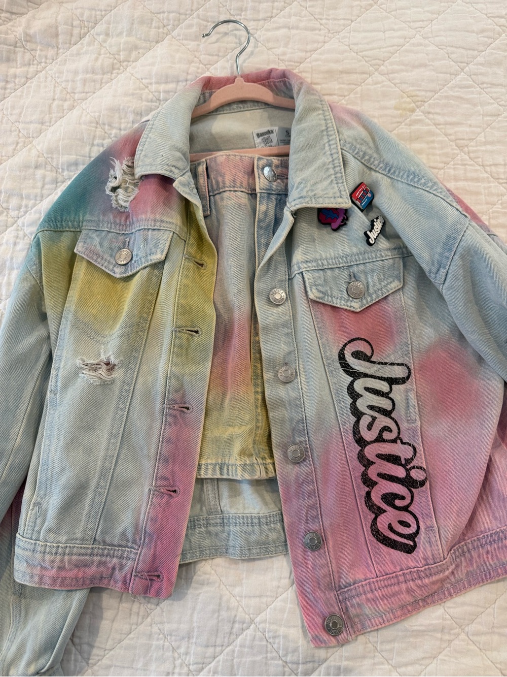 Justice Pastel Tie-Dye Denim Jacket and skirt set with Logo and Pins
